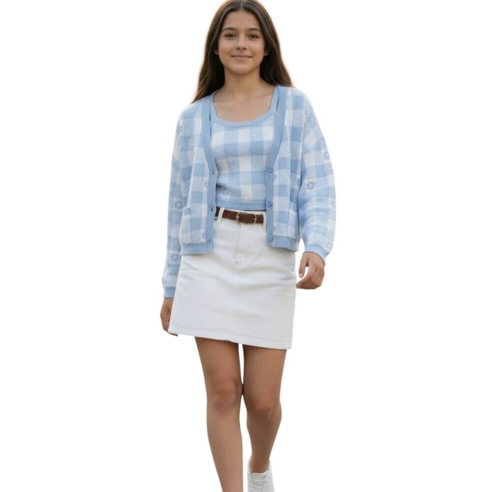 Old Navy Button-Front Cardigan Sweater and Matching Tank Set, Blue White Sz XL